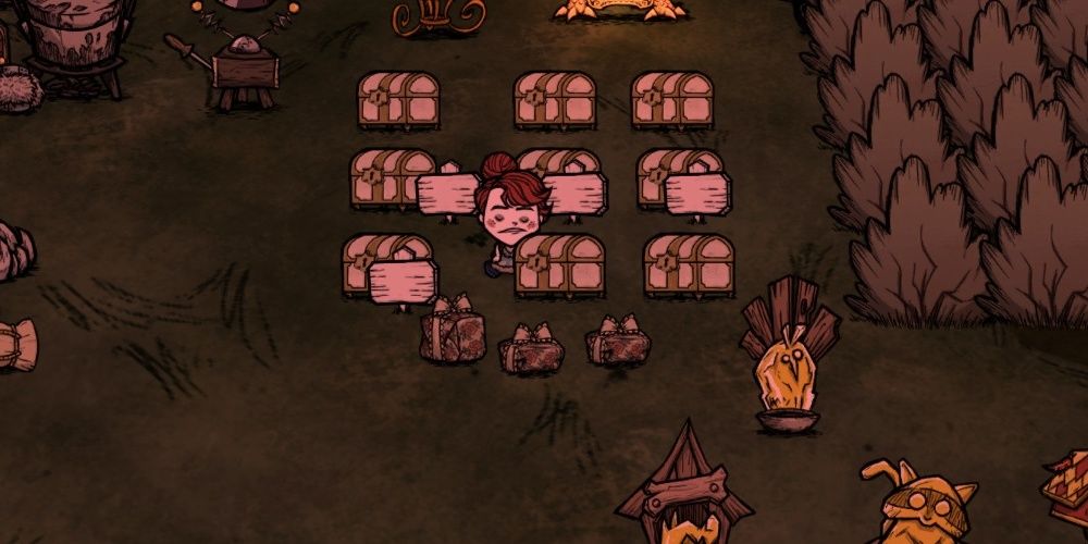 Don't Starve Together Wigfrid Sitting Beside Treasured Chests And Bundle Wrapped Gifts