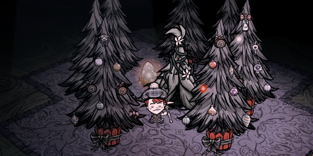 Don't Starve Together Wigfrid Sitting Between Festive Trees And Tent In The Caves