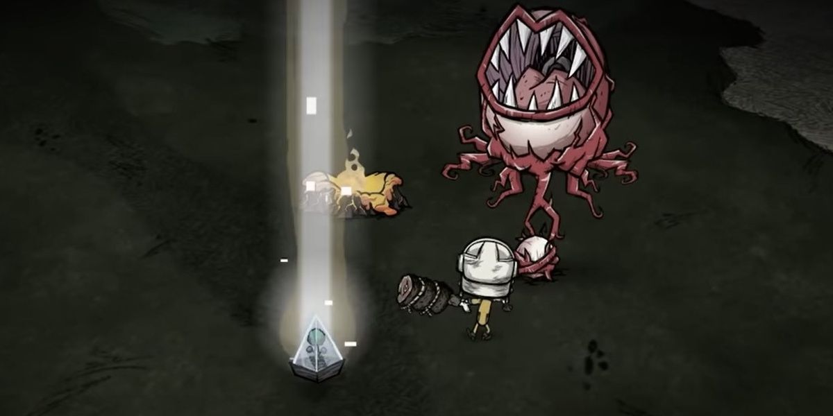 Don't Starve Together Winona Fighting Eye Of Terror With A Hambat At Night Beside The Terrarium