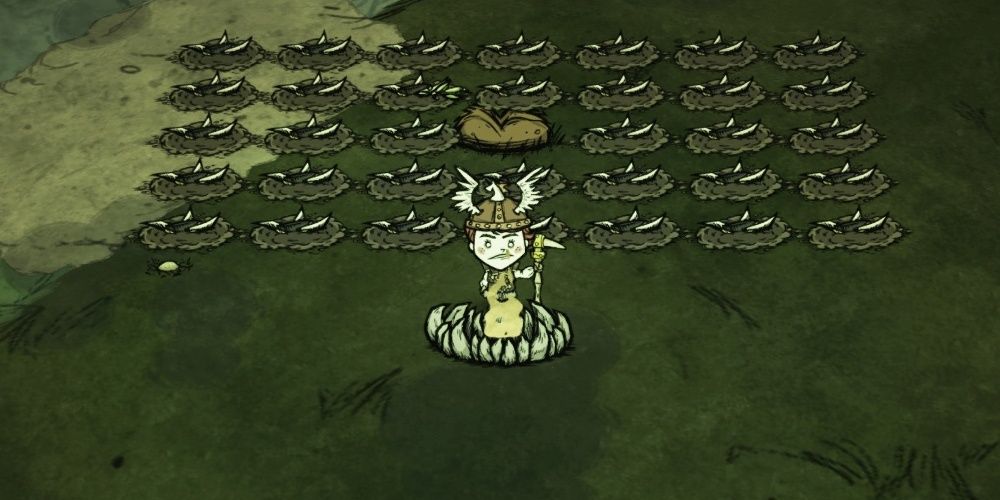 Don't Starve Together Wigfrid Standing Beside Fire Pit And Toot Traps And Wormhole