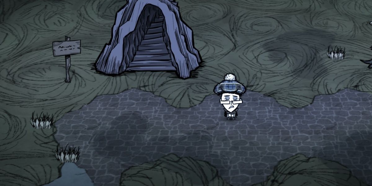 Don't Starve Together Wickerbottom Wearing Tam O Shanter Squatting Beside Staircase In Caves On A Cobblestone Road
