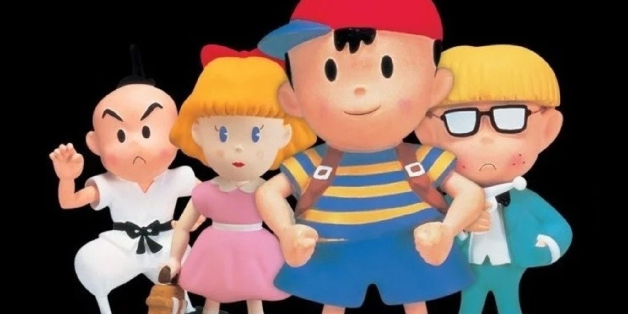 Ness stands in front of Paula, Jeff, and Poo