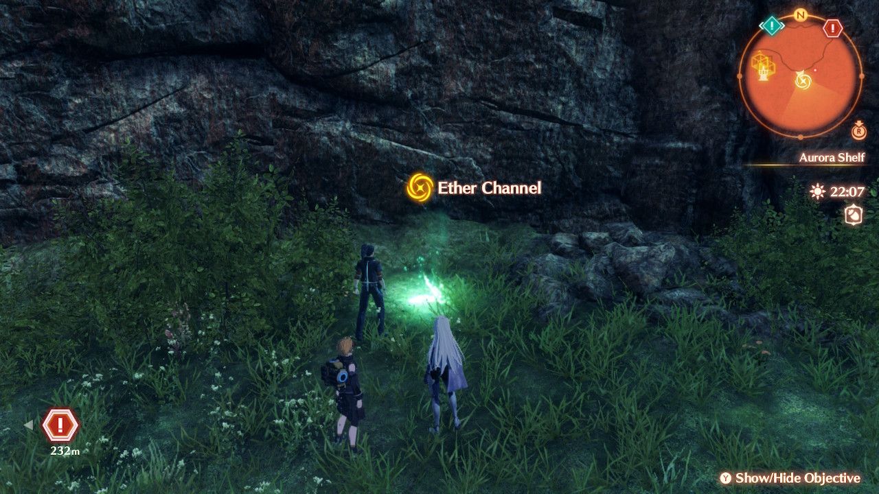 A, Matthew, and Nikol standing in front of an Ether Channel on the Aurora Shelf in Xenoblade Chronicles 3: Future Redeemed.