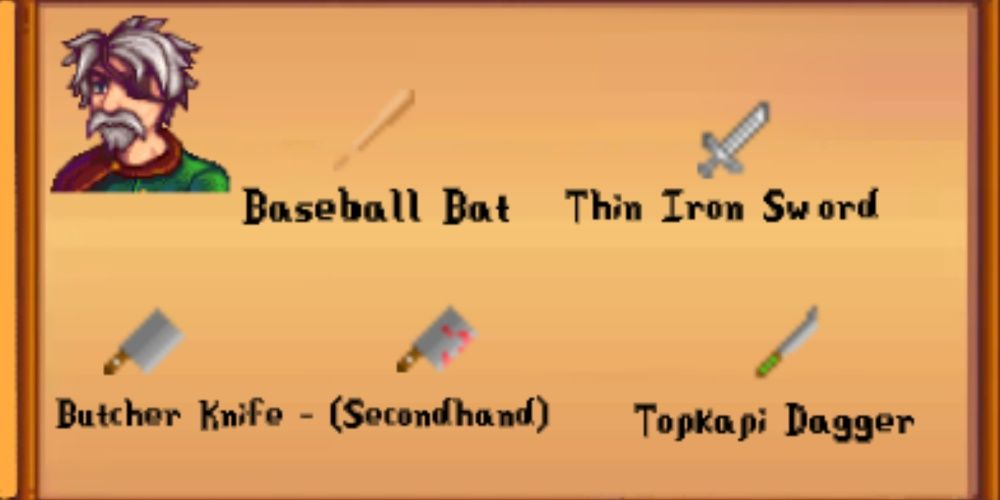 A baseball bat, thin iron sword, butcher knife, and topkapi dagger to choose from in Stardew Valley 