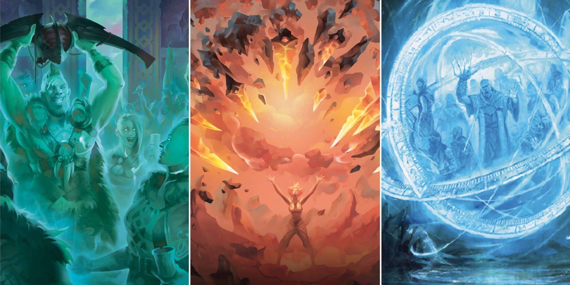 Artwork from three different cards from the Magic: The Gathering expansion March of the Machine: The Aftermath
