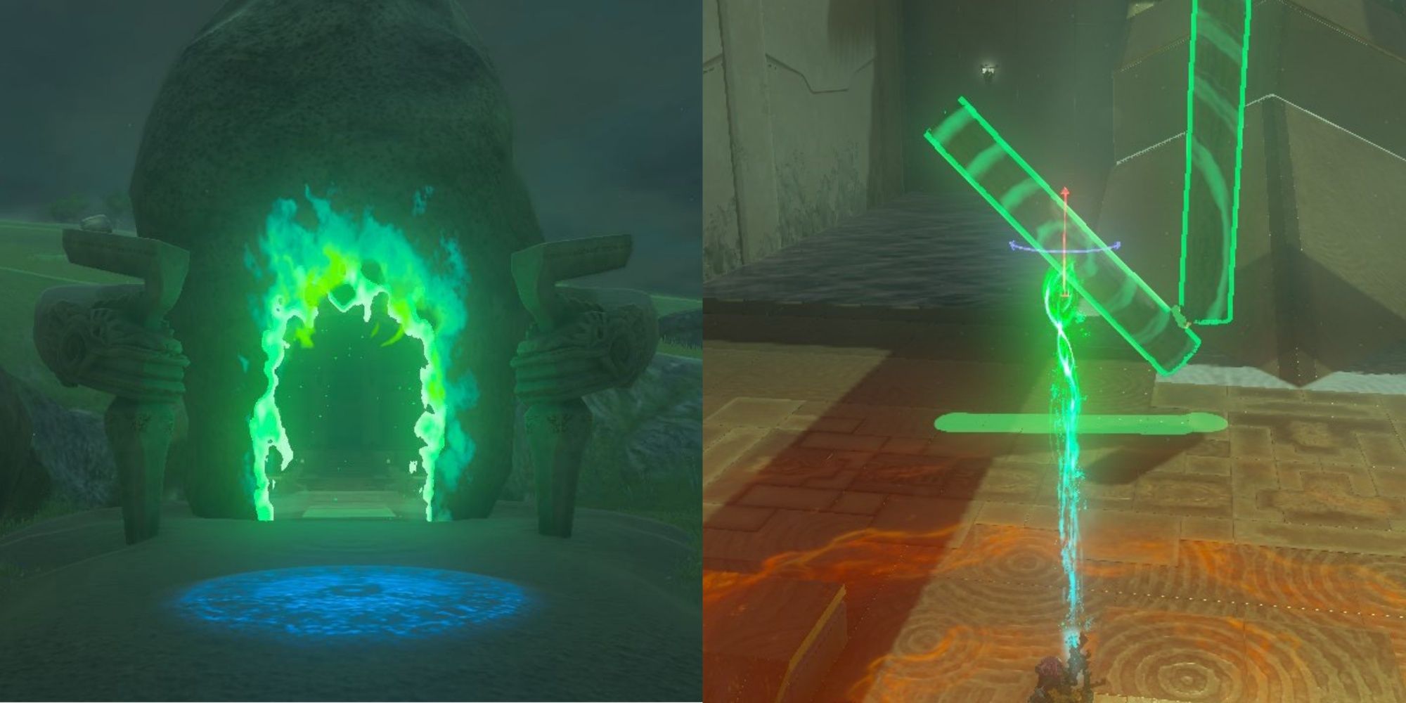 Split image of the outside of Tajikats Shrine and Link using Ultrahand on logs in The Legend of Zelda Tears of the Kingdom