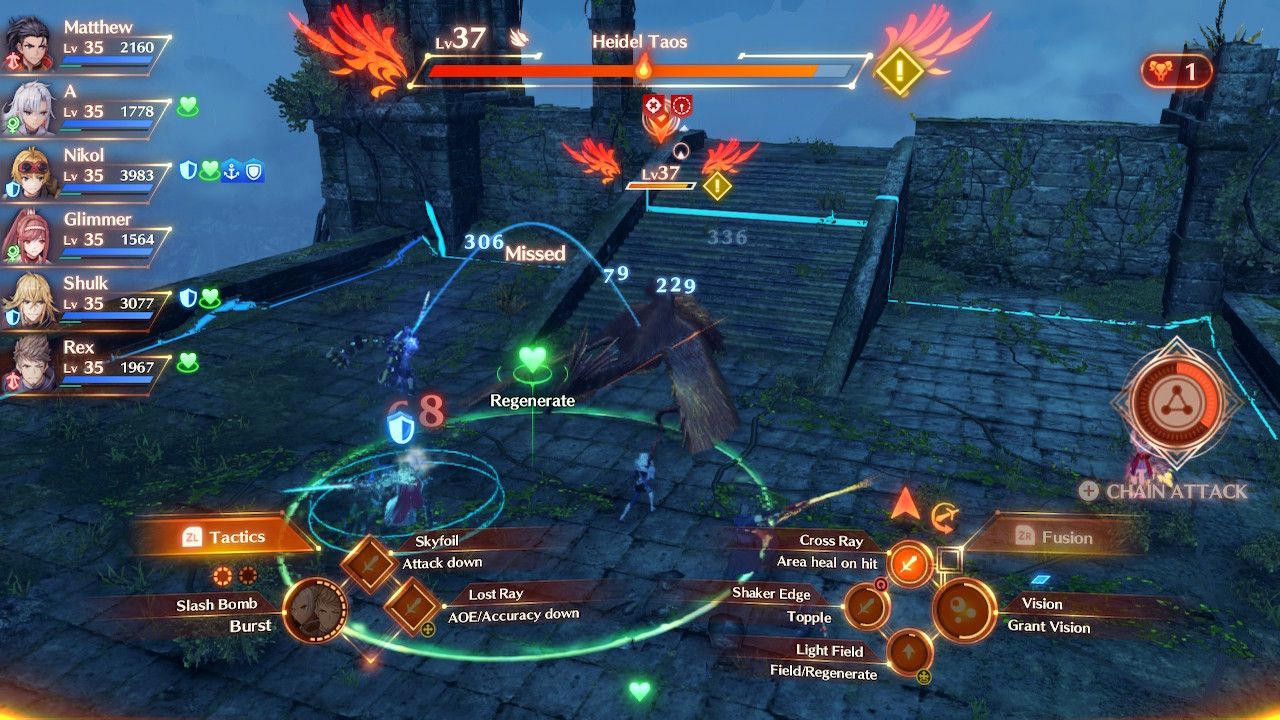 A, Rex, Shulk, Nikol, Matthew, and Glimmer fighting the Heidel Taos in Xenoblade Chronicles 3: Future Redeemed.