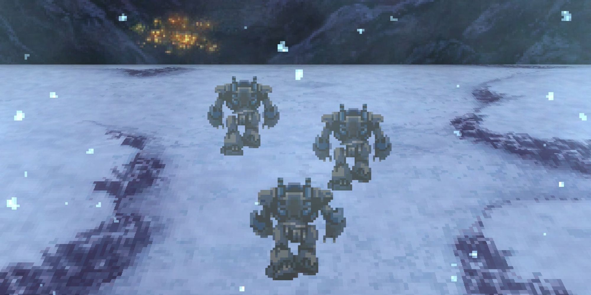 Mechs walk through a snowstorm toward a city