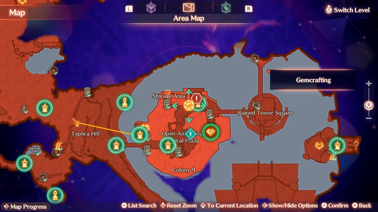 The map with the Gemcrafting location shown in Colony 9 in Xenoblade Chronicles 3: Future Redeemed.