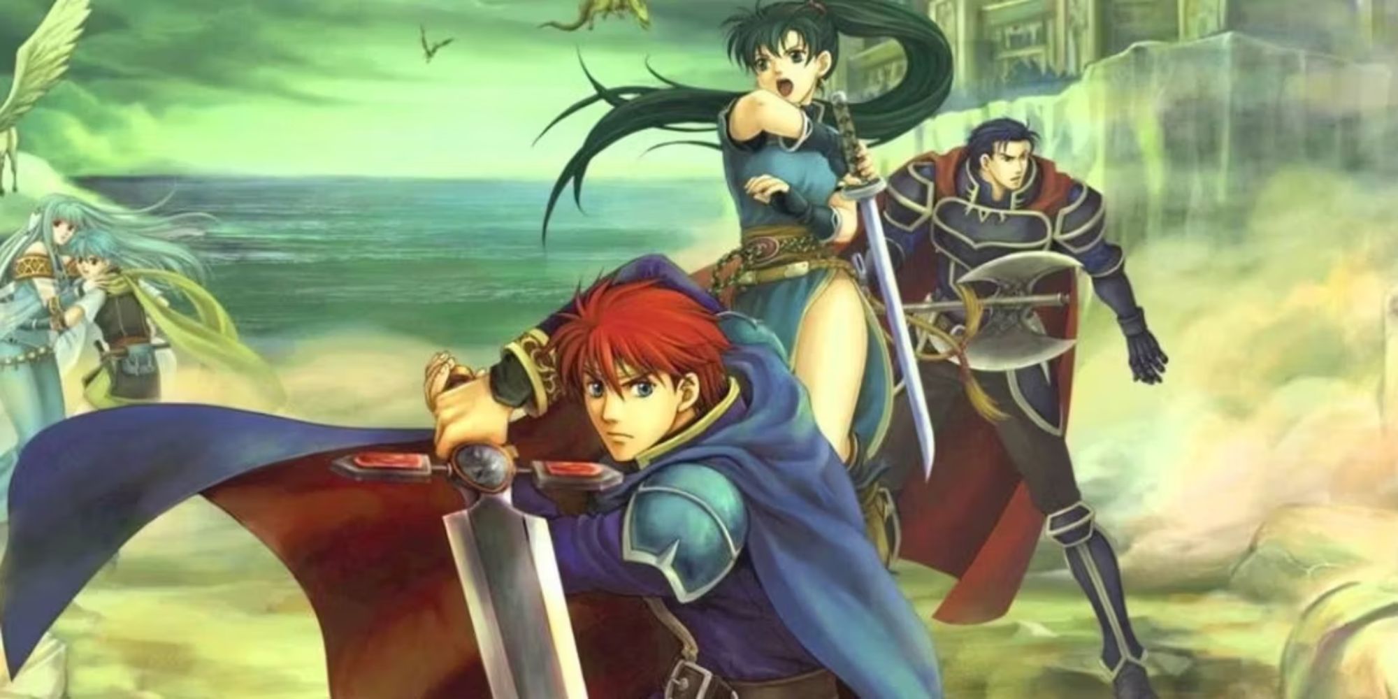 Eliwood and Lyn prepare to attack on a battlefield outside a castle