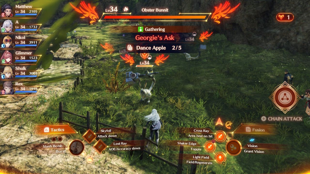 A runs battles against the Obster Bunnits protecting a Dance Apple in Xenoblade Chronicles 3: Future Redeemed.