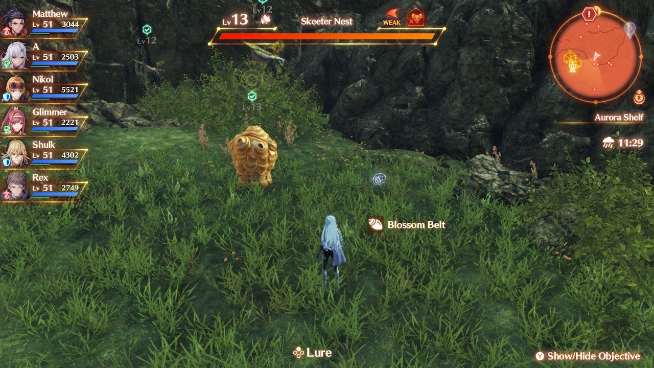 A on the Aurora Shelf with a Skeeter Nest and some Cogs nearby in Xenoblade Chronicles 3: Future Redeemed.