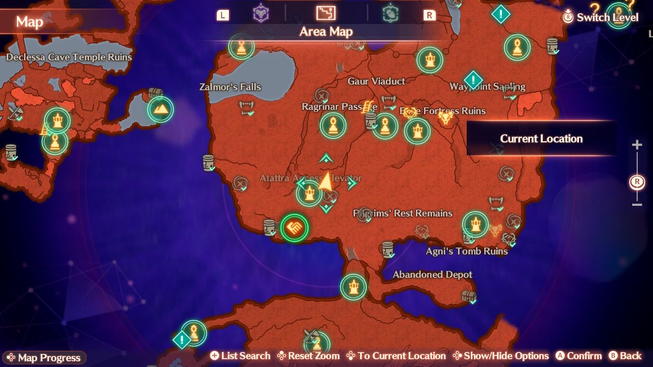A map of the Aurora Shelf in Xenoblade Chronicles 3: Future Redeemed.