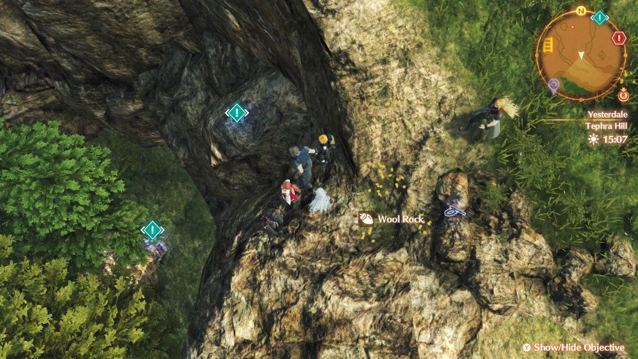 A, Glimmer, Rex, Nikol, and Shulk stand on a rock heading to a Dance Apple in Xenoblade Chronicles 3: Future Redeemed.