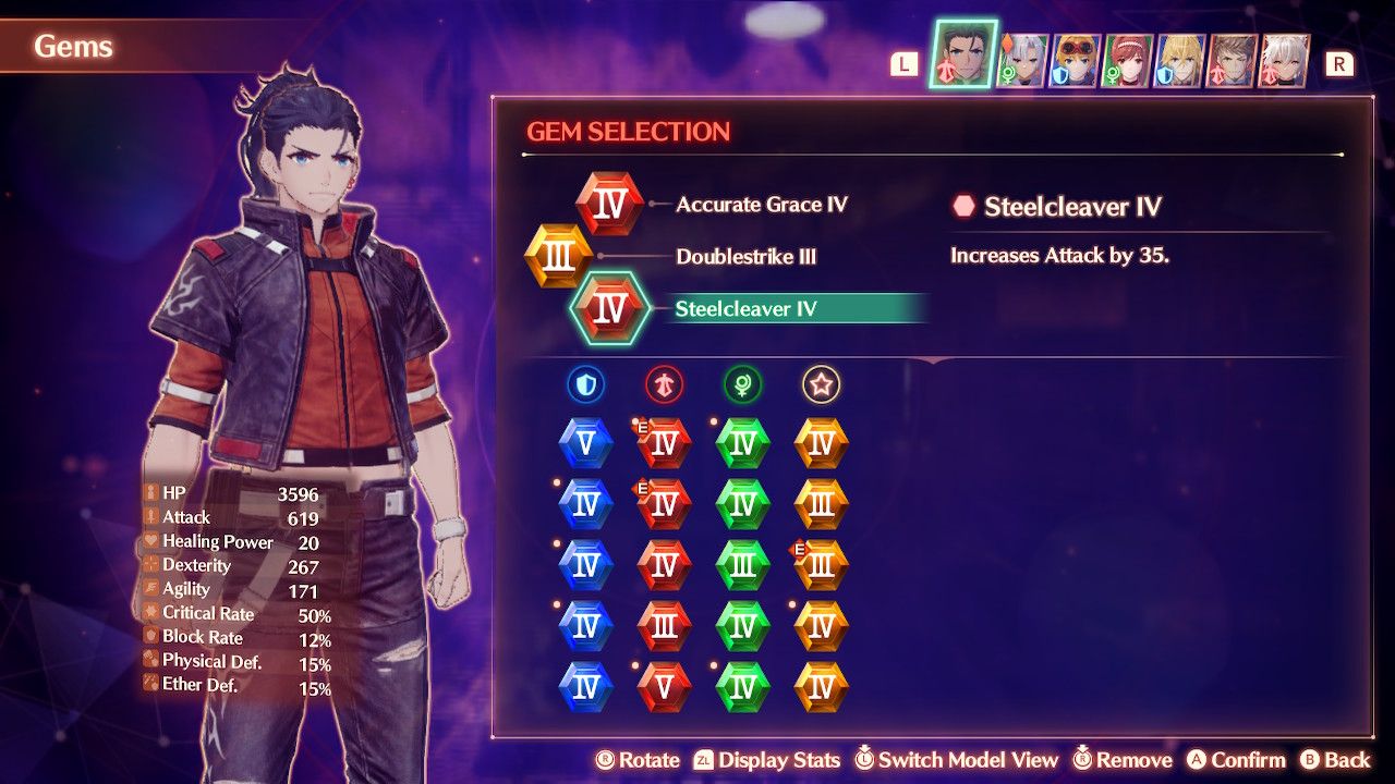 Matthew equipped with the Accurate Grace, Doublestrike, and Steelcleaver gems in Xenoblade Chronicles 3: Future Redeemed.