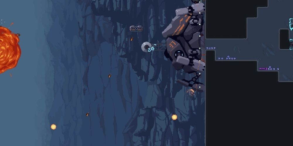 The Robospider in the middle of combat. some bullets are flying towards it and one of its legs has been impacted.