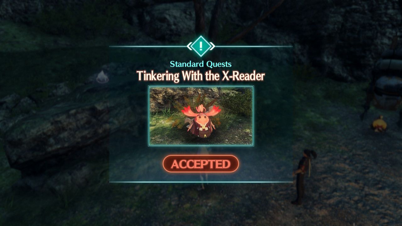 Accepting a quest from Tiny Timtim, the Tinkering With the X-Reader quest from Xenoblade Chronicles 3: Future Redeemed.