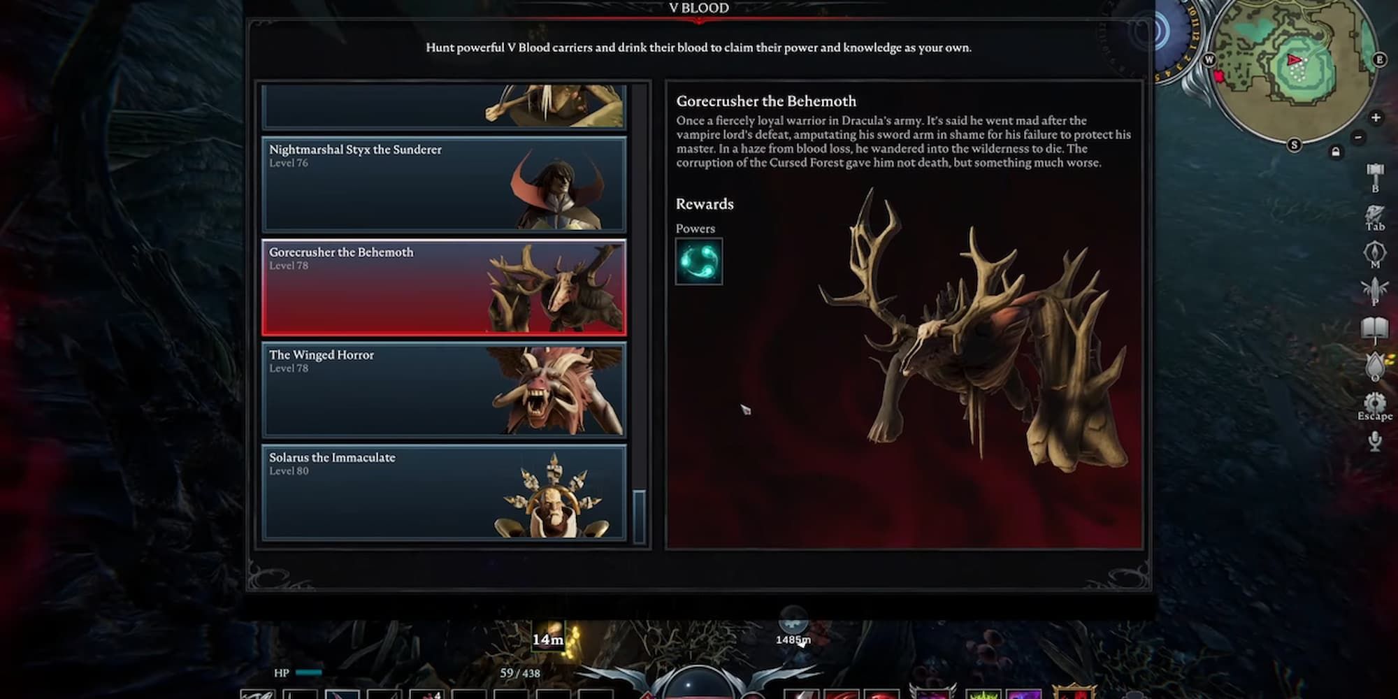 The V Blood tracking page for Gorecrusher The Behemoth in V Rising.