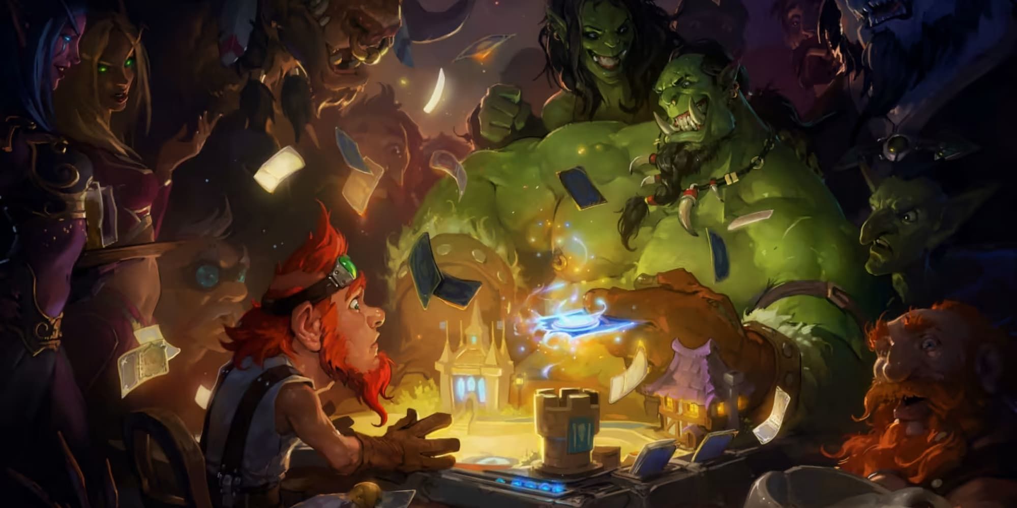 Several creatures watch on as two play Hearthstone.