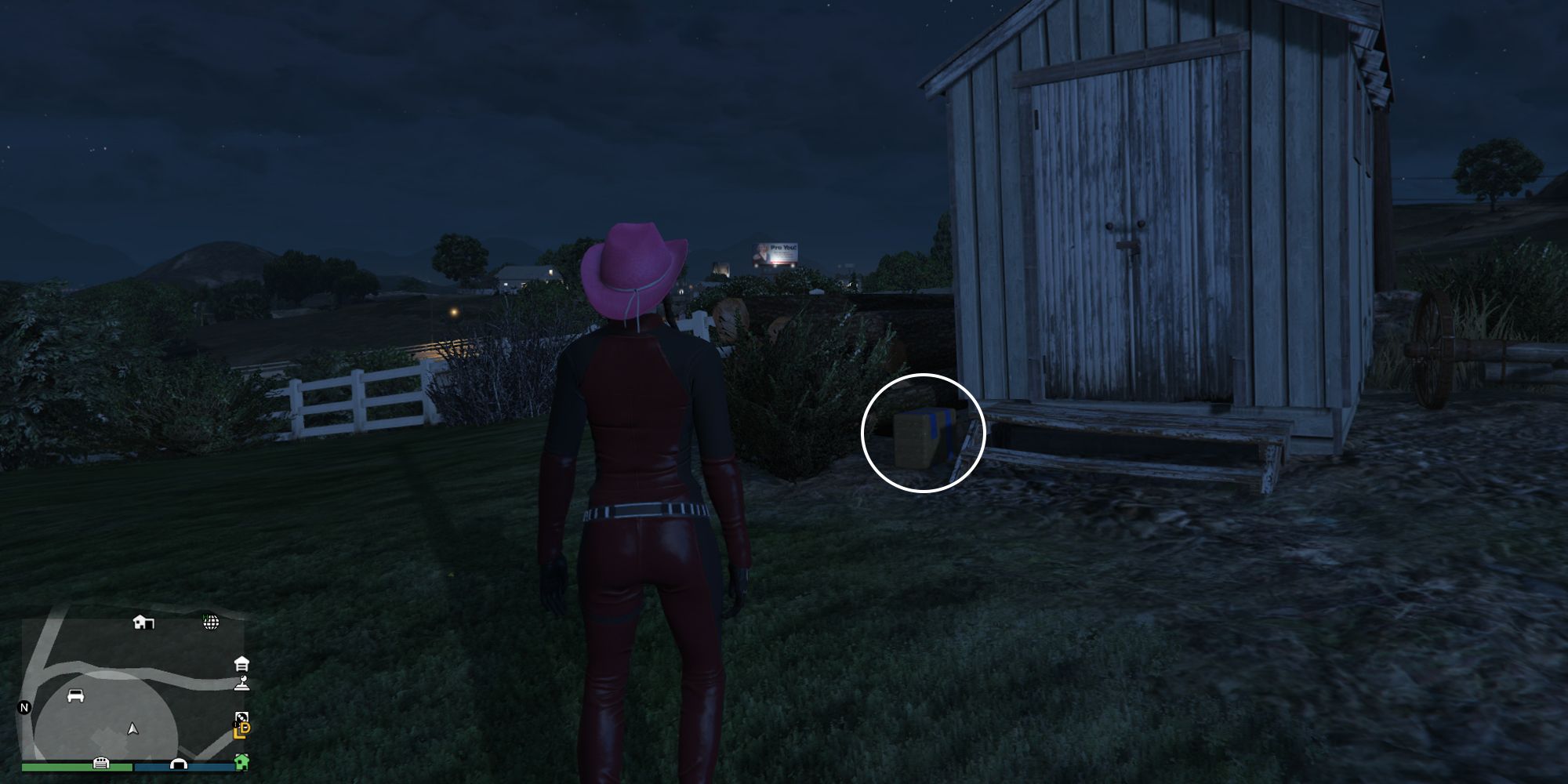 Image depicts a female character in GTA Online at Hill Valley Church stood in front of a shed in the churchyard, that has some bushes to the left-hand side of it. Next to these bushes is G's Cache on the floor.