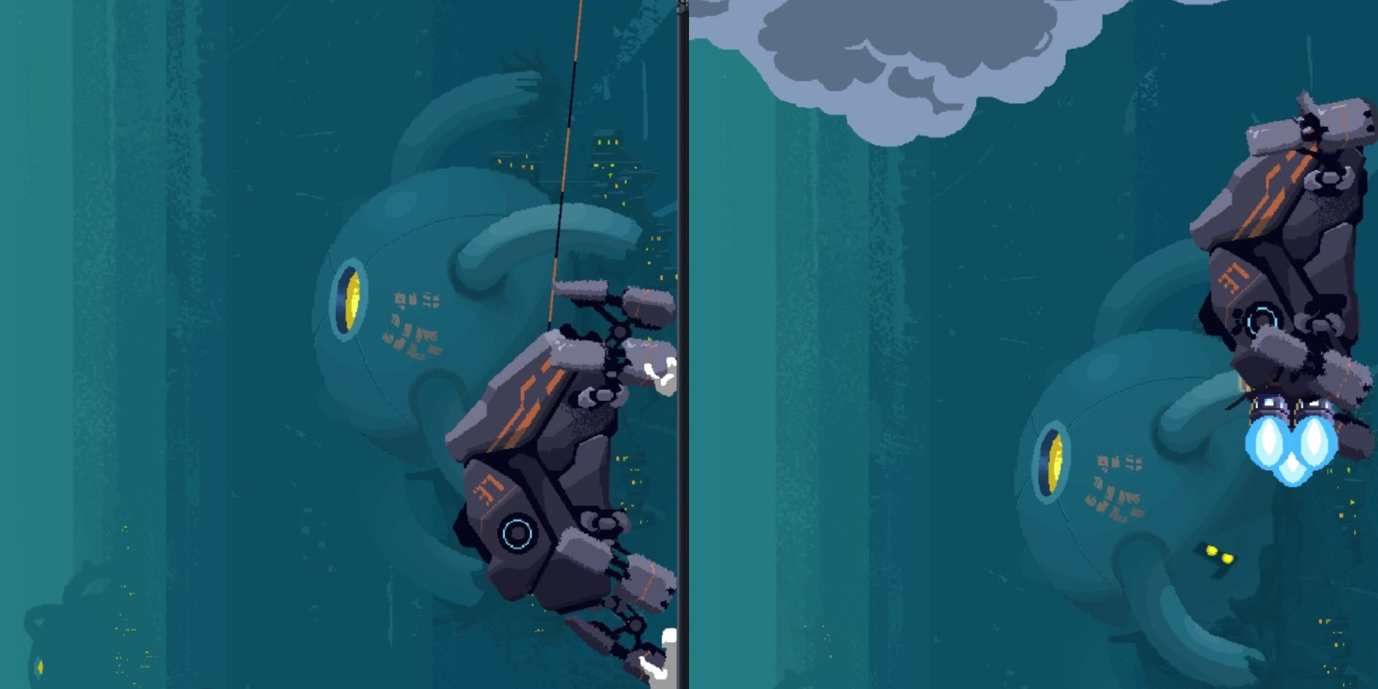 The Robospider rappeling down the wall with the Hook (left) and Boosting up the walll with the Turbines (right)