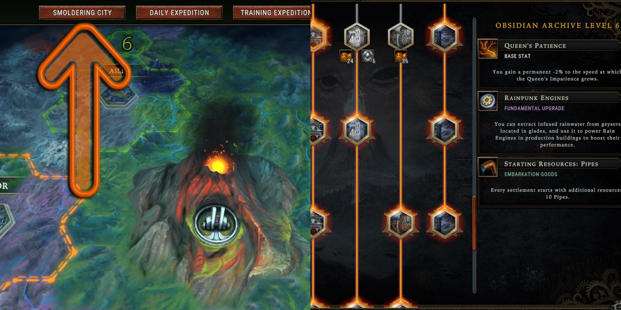 An arrow pointing to the Smoldering City Icon on the overworld map (left) and the Smoldering City upgrade page (right)