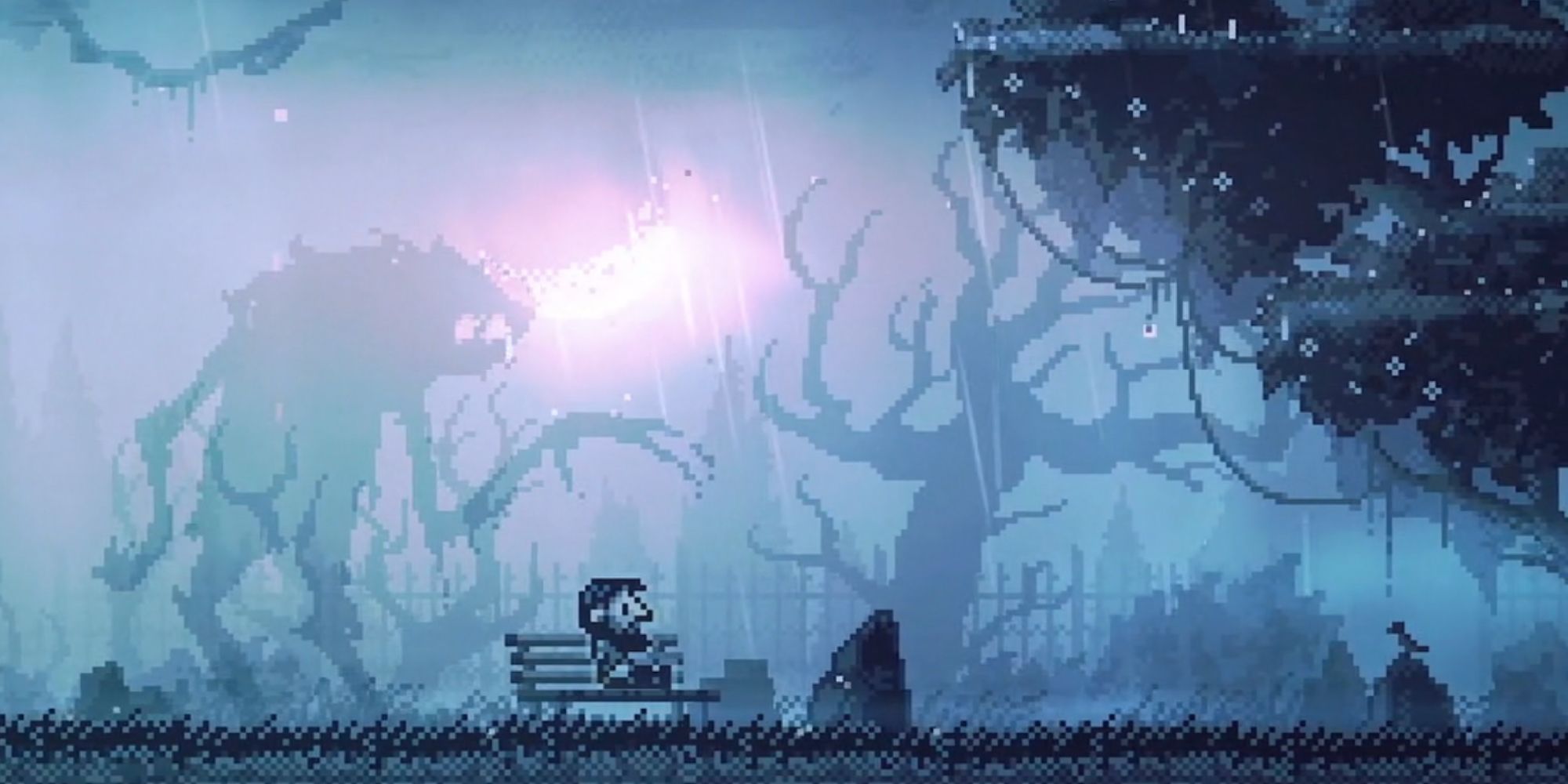 Protagonist sitting on a bench and a monster in background in Inmost