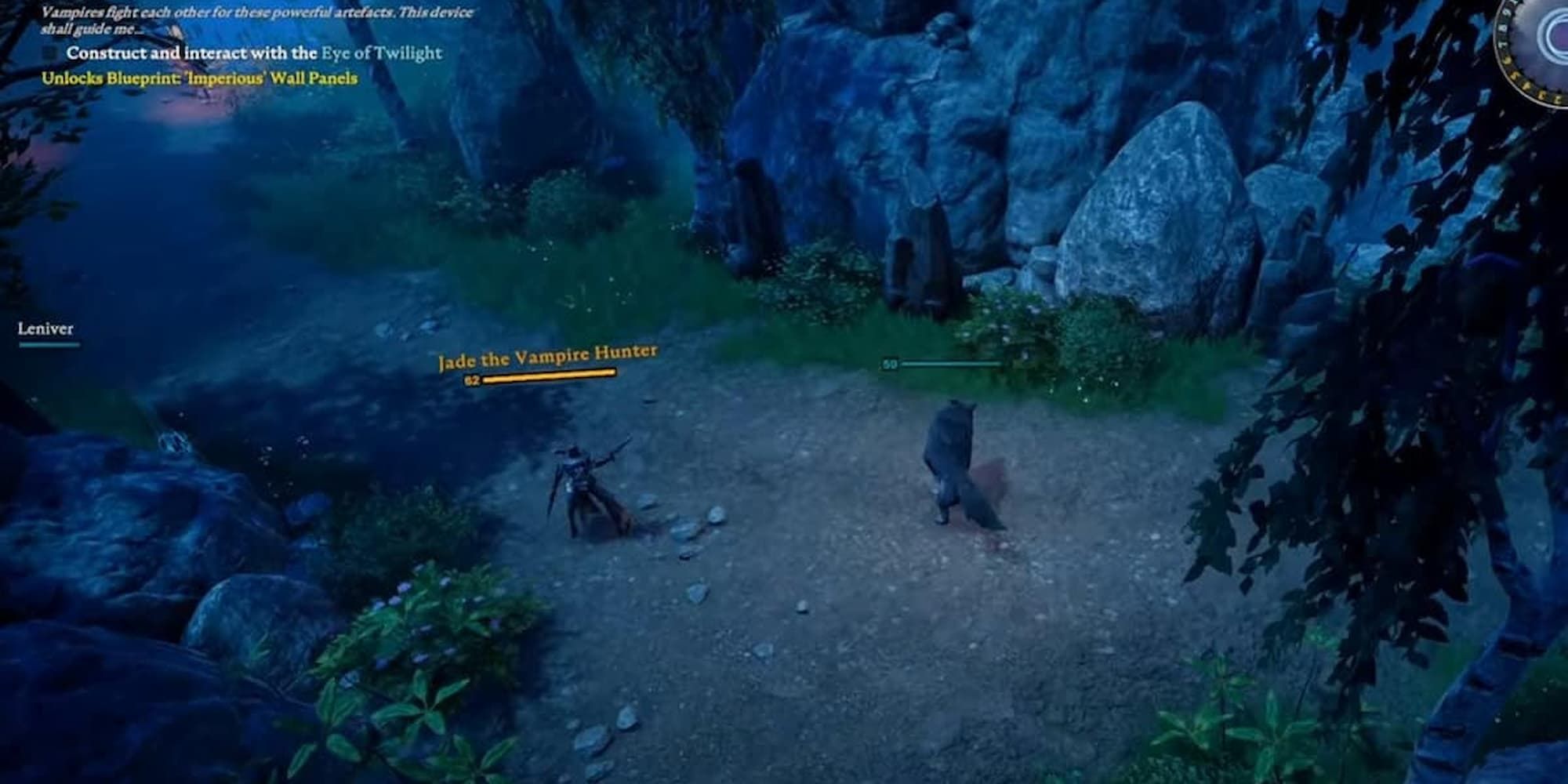 Jade The Vampire Hunter fires upon a wolf on a forest trail in V Rising.