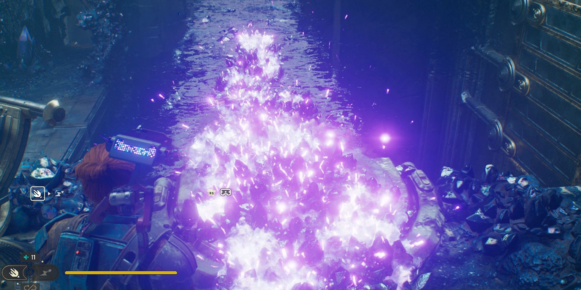 An image of Cal Kestis from Star Wars Jedi: Survivor using the Koboh Grinder to draw a flaming line of matter over a bridge in the Chamber of Connection