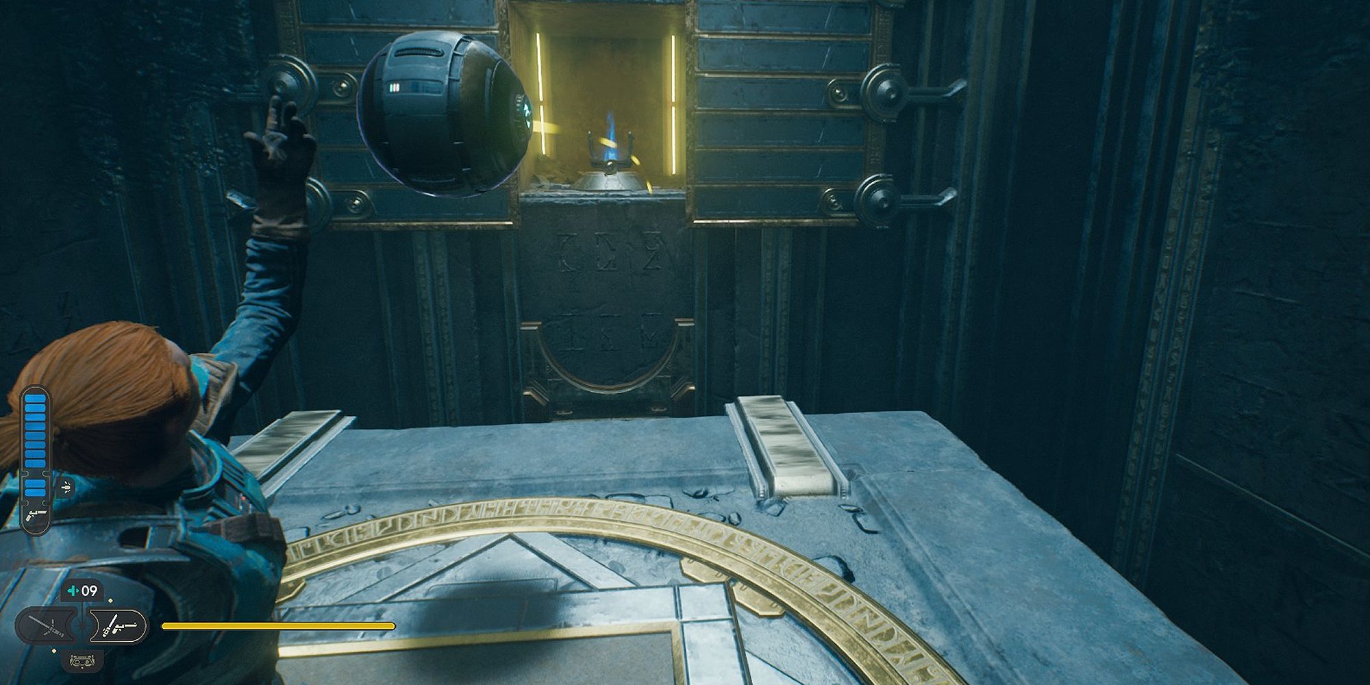 An image of Cal Kestis from Star Wars Jedi: Survivor lifting an orb for use in the Chamber of Connection puzzle.
