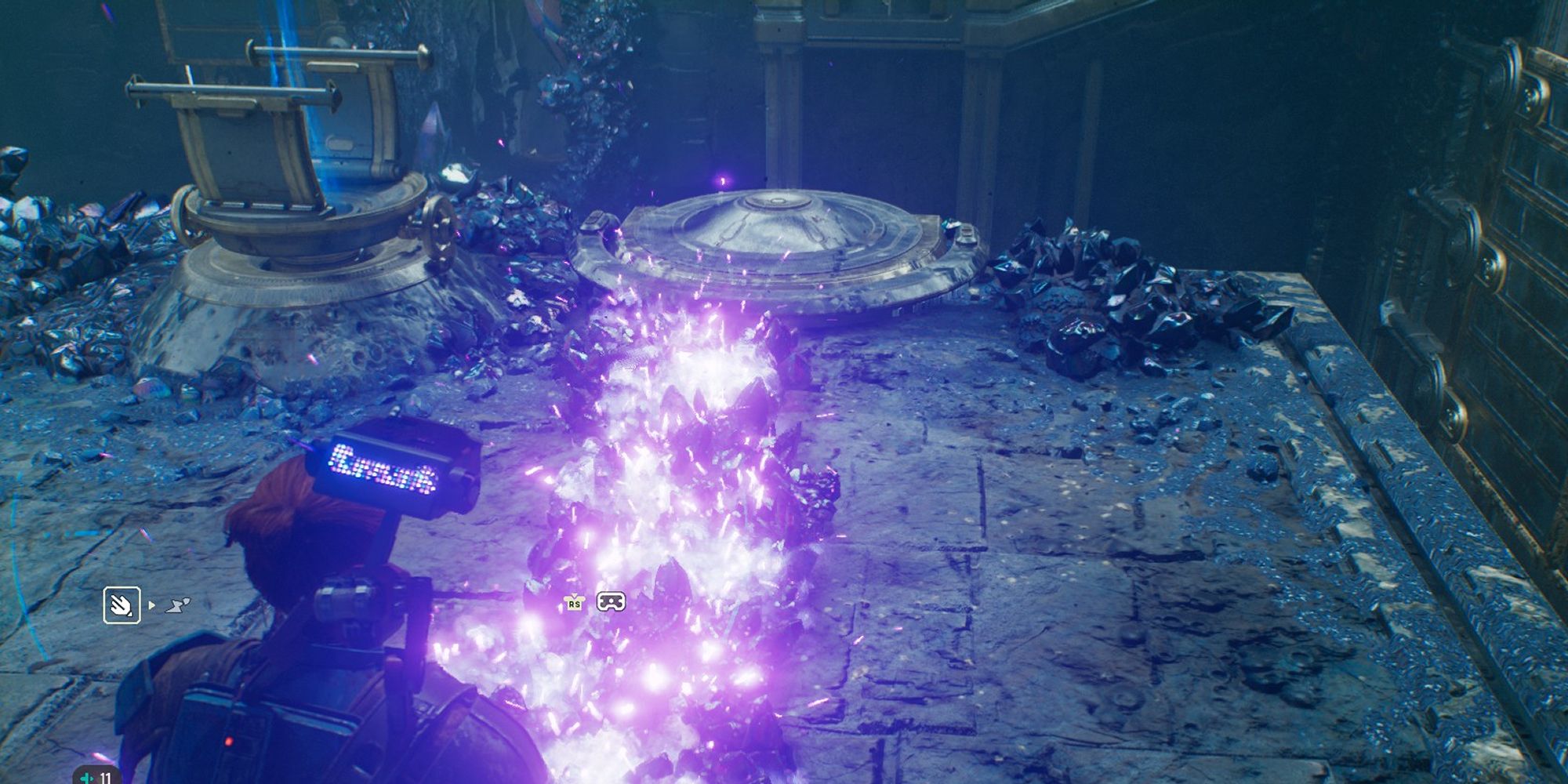 An image of Cal Kestis from Star Wars Jedi: Survivor using the Koboh Grinder to draw a line to the next step of a puzzle in the Chamber of Connection.
