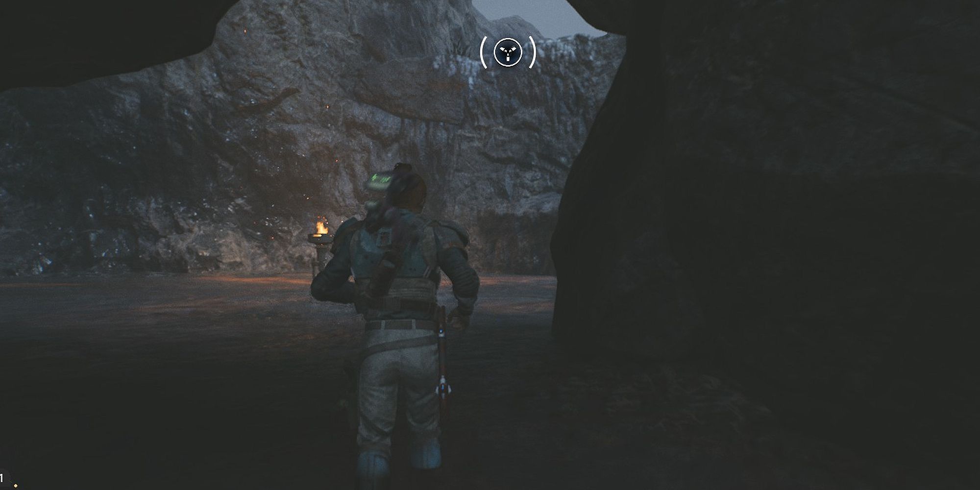 An image of Cal Kestis from Star Wars Jedi: Survivor, heading towards the Chamber of Connection. There is a grapple point, and he is wading through tar.