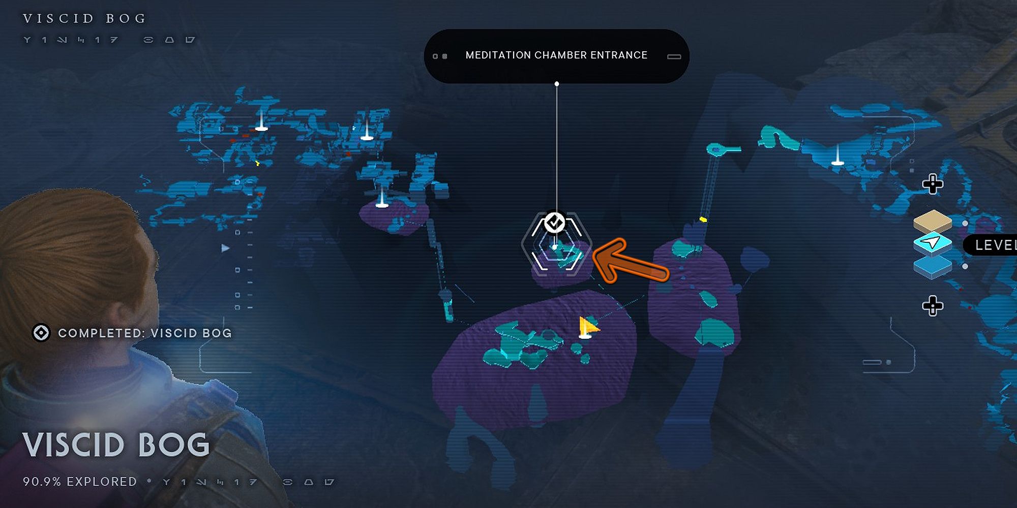 A holographic map that shows the location of the Chamber of Connection in Star Wars Jedi: Survivor.