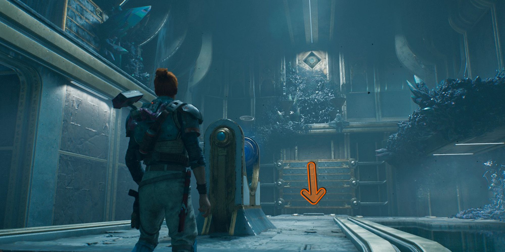 An image demonstrating the first step in Star Wars Jedi: Survivor's Chamber of Connection chamber. It is a mysterious temple overgrown with strange, black Koboh Matter.