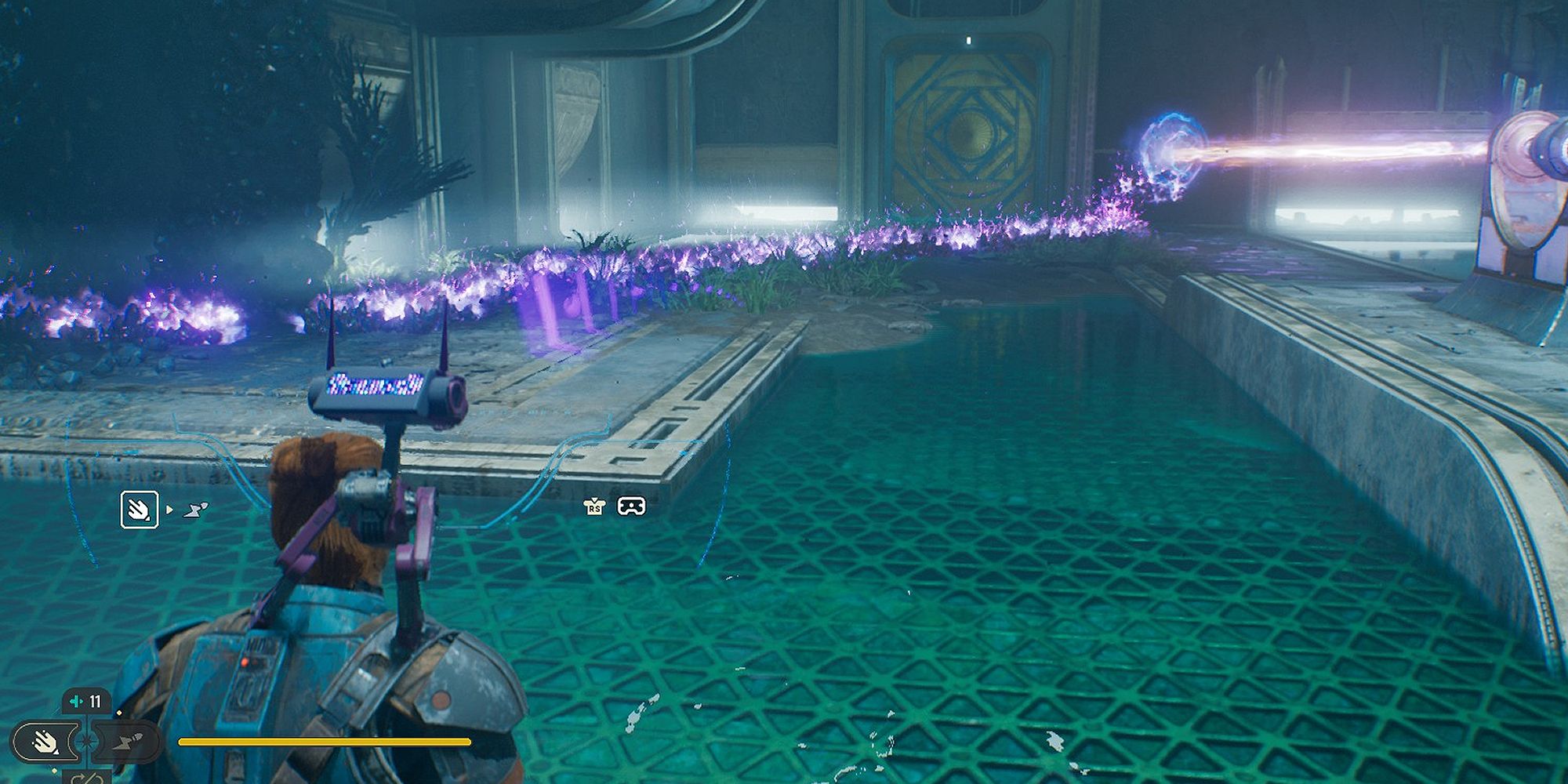 An image of Cal Kestis from Star Wars Jedi: Survivor using BD1's Koboh grinder ability to draw a flaming line of matter towards a barrier to burn it away.