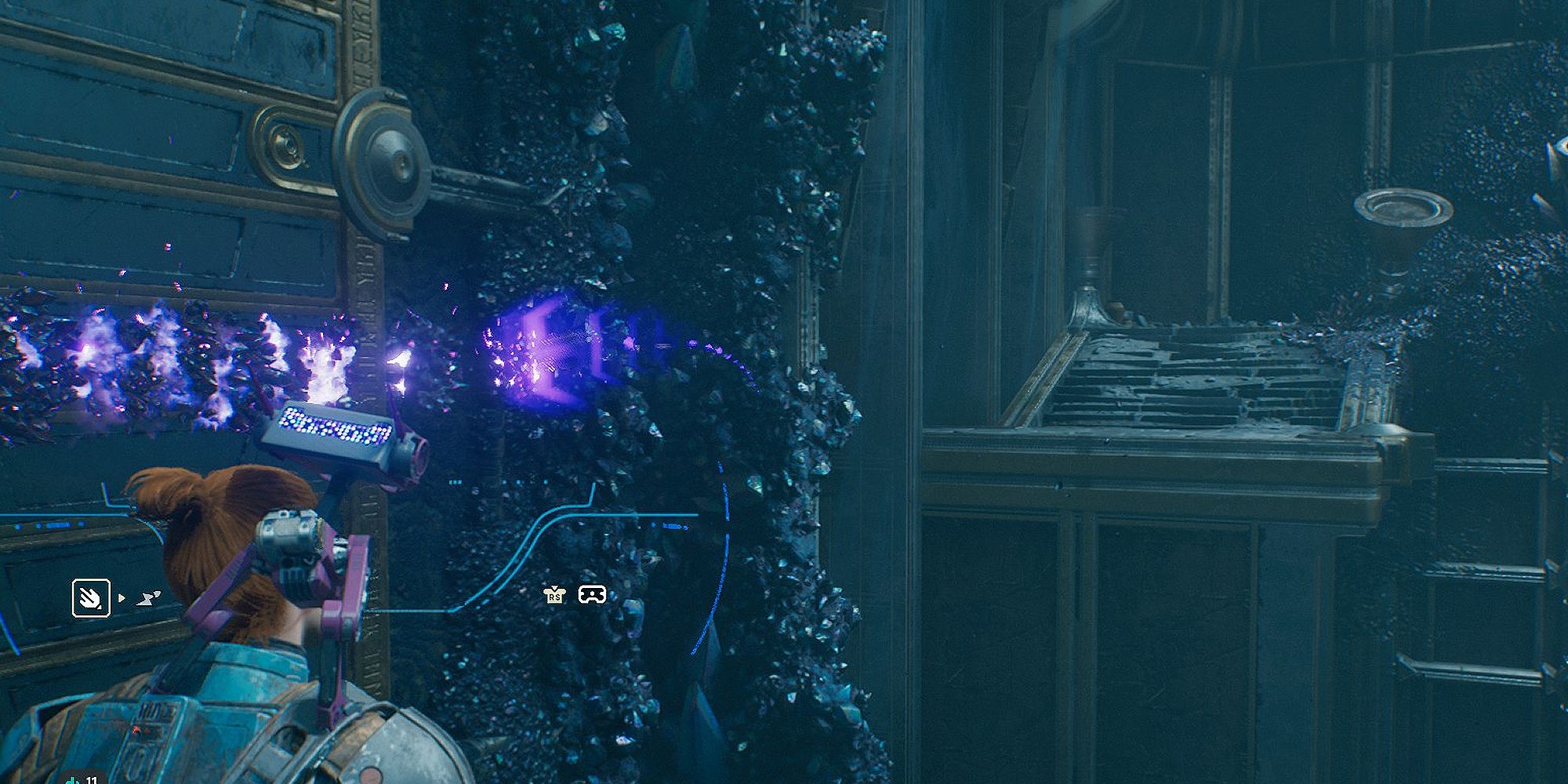 An image of Cal Kestis from Star Wars Jedi: Survivor using the Koboh grinder to draw a second line to another Koboh barrier, across a wall.