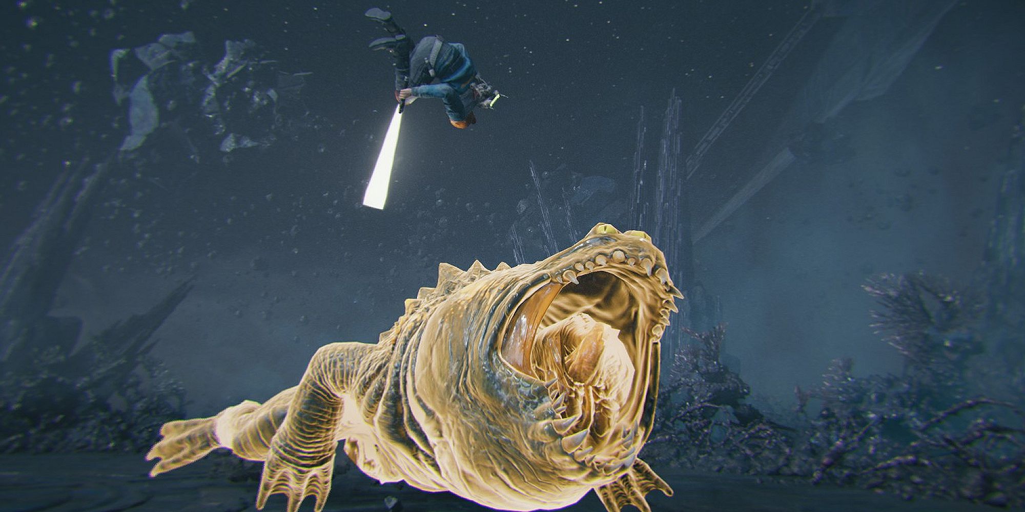 An image of Cal Kestis from Star Wars Jedi: Survivor, heroically leaping over Oggdo Bogdo, a monstrous frog boss in the game. 