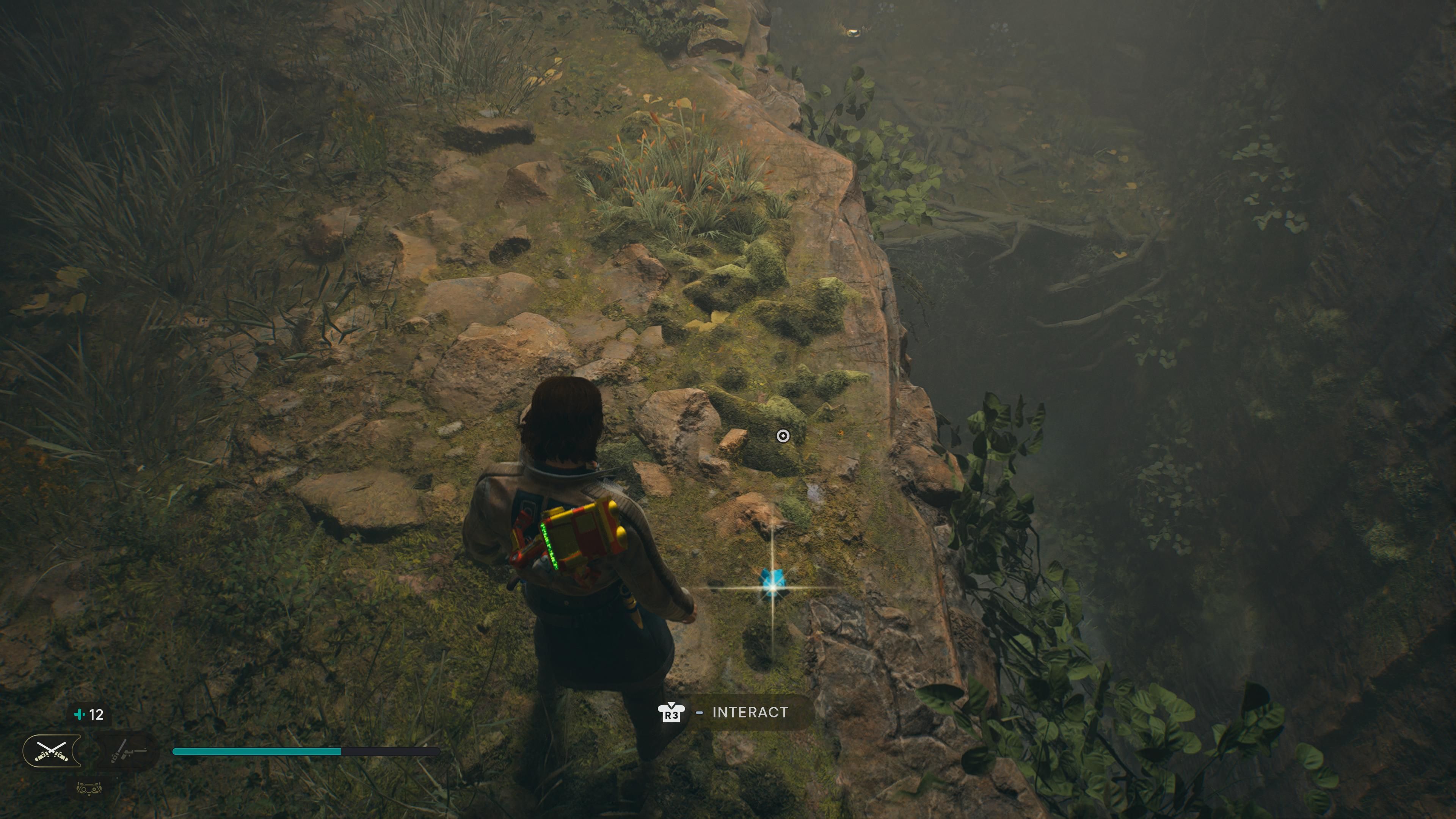 Cal collecting a Priorite rock in the Basalt Rift in Jedi Survivor