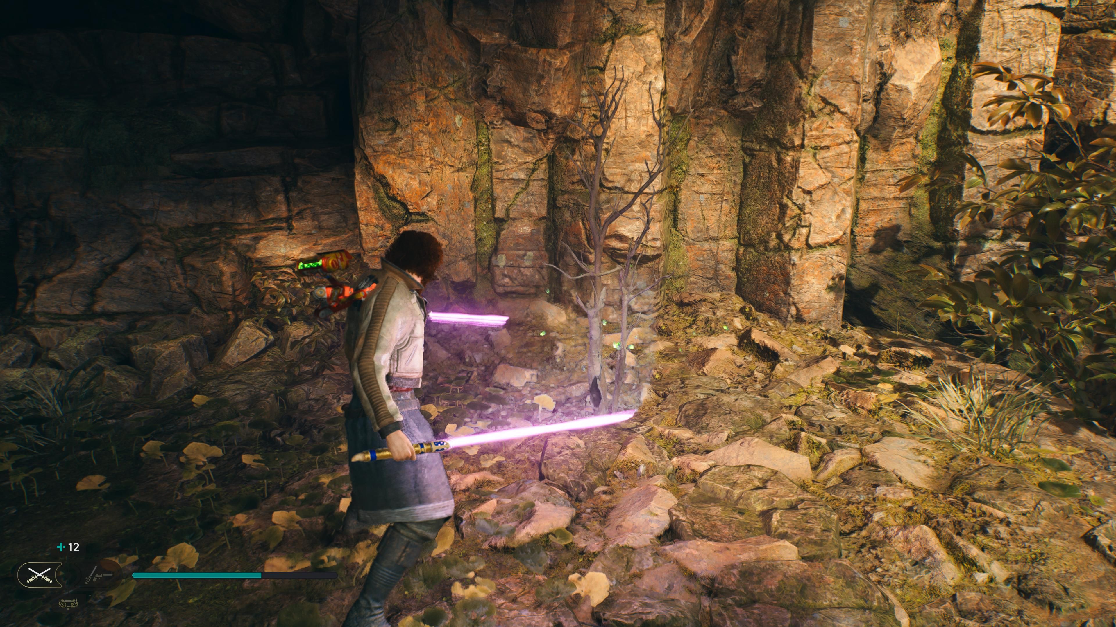 Cal in front of a bush that can be harvested for a seed pod in the Basalt Rift in Jedi Survivor