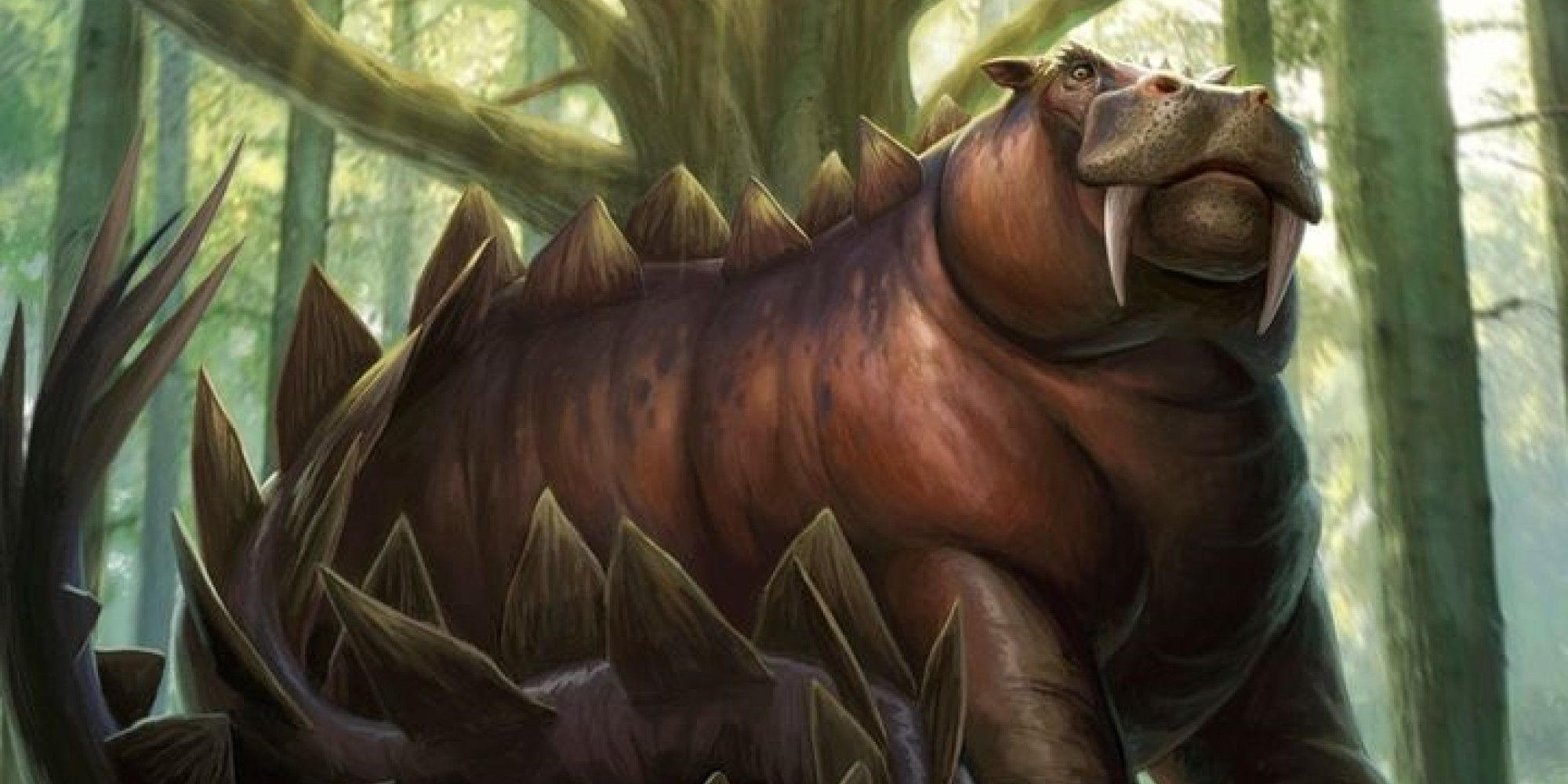 MTG A Dinosaur-Hippo hybrid creature relaxing in a forest