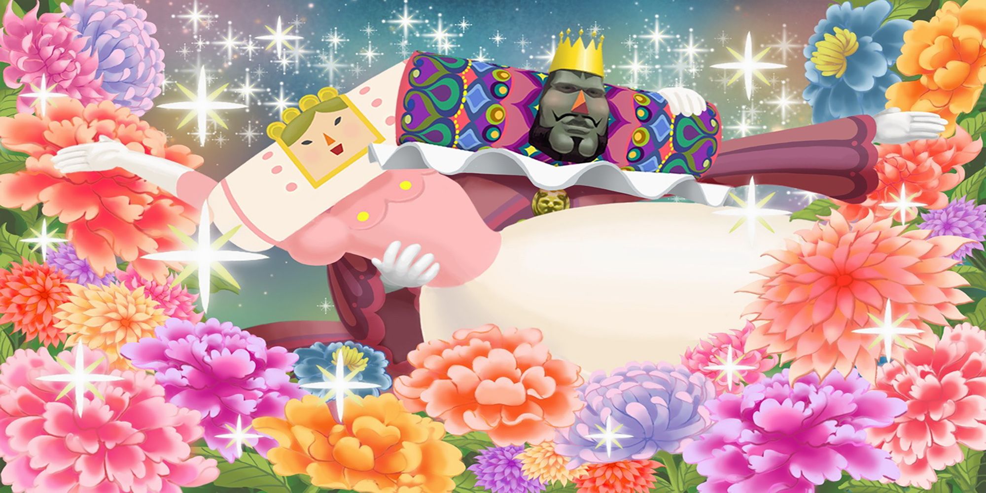 The King And Queen Of The Cosmos leisurely dance in a galactic garden of delight during the intro to Katamari Damacy ReRoll.