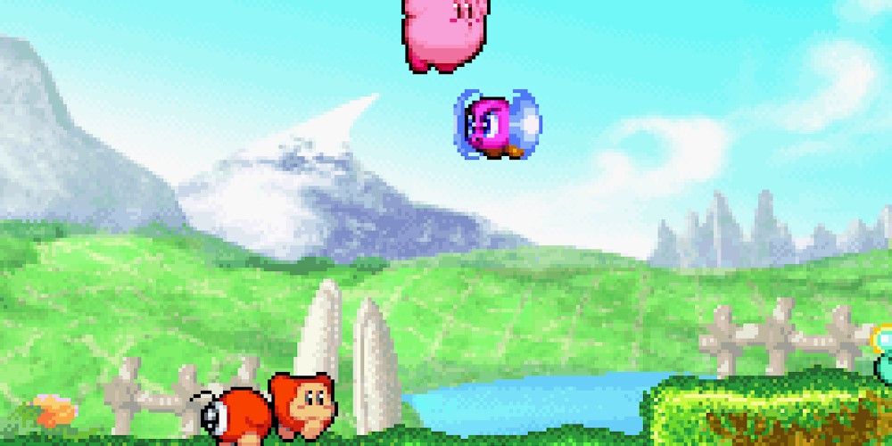 Kirby avoiding enemies in Kirby Nightmare In Dream Land.