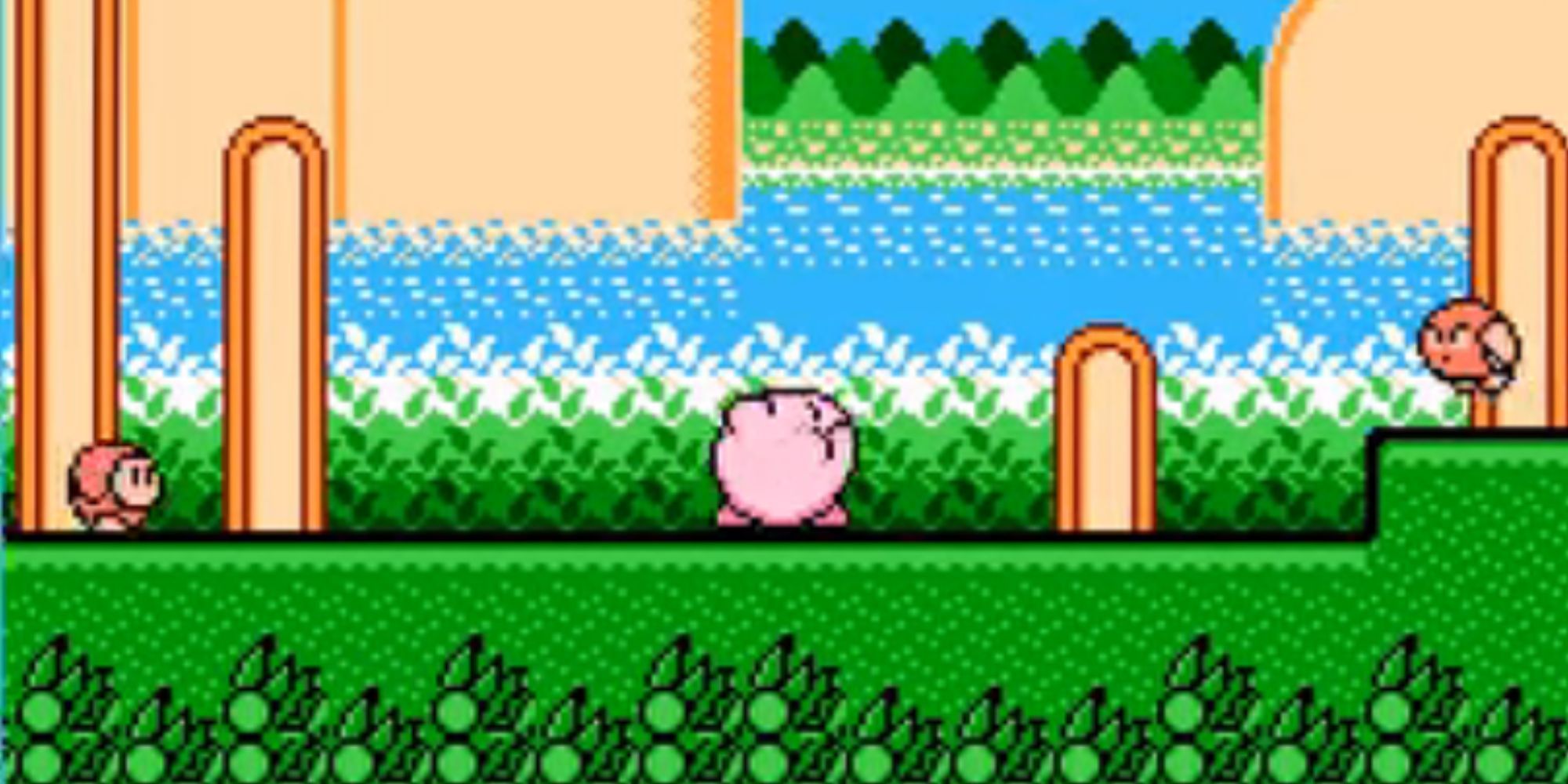 Kirby swallows an enemy in a forest