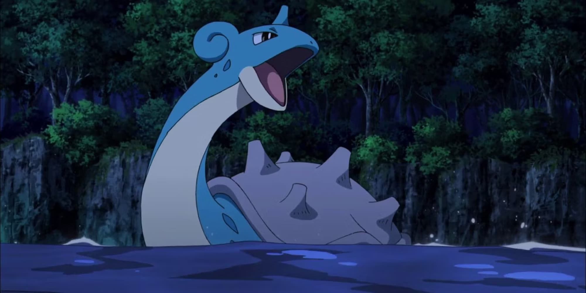 Lapras howls as it floats on the water in Pokemon.