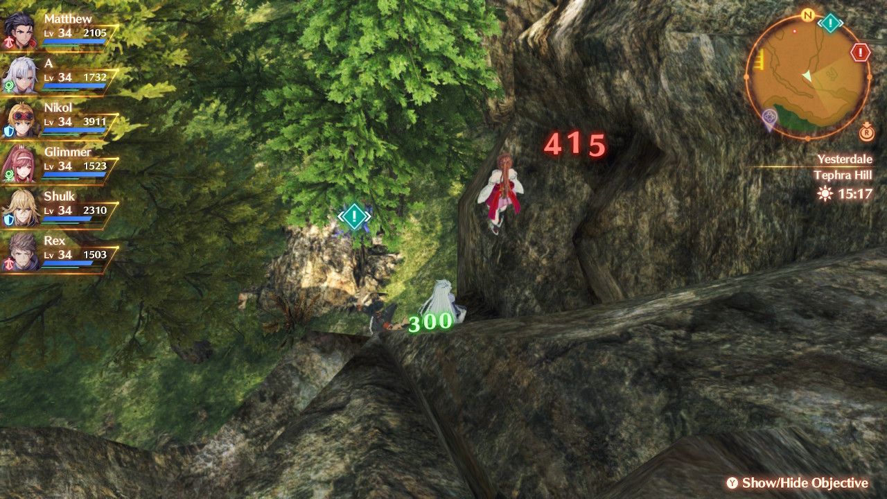 A, Glimmer, and Matthew stand on a rock and look to a Dance Apple in a tree in Xenoblade Chronicles 3: Future Redeemed.