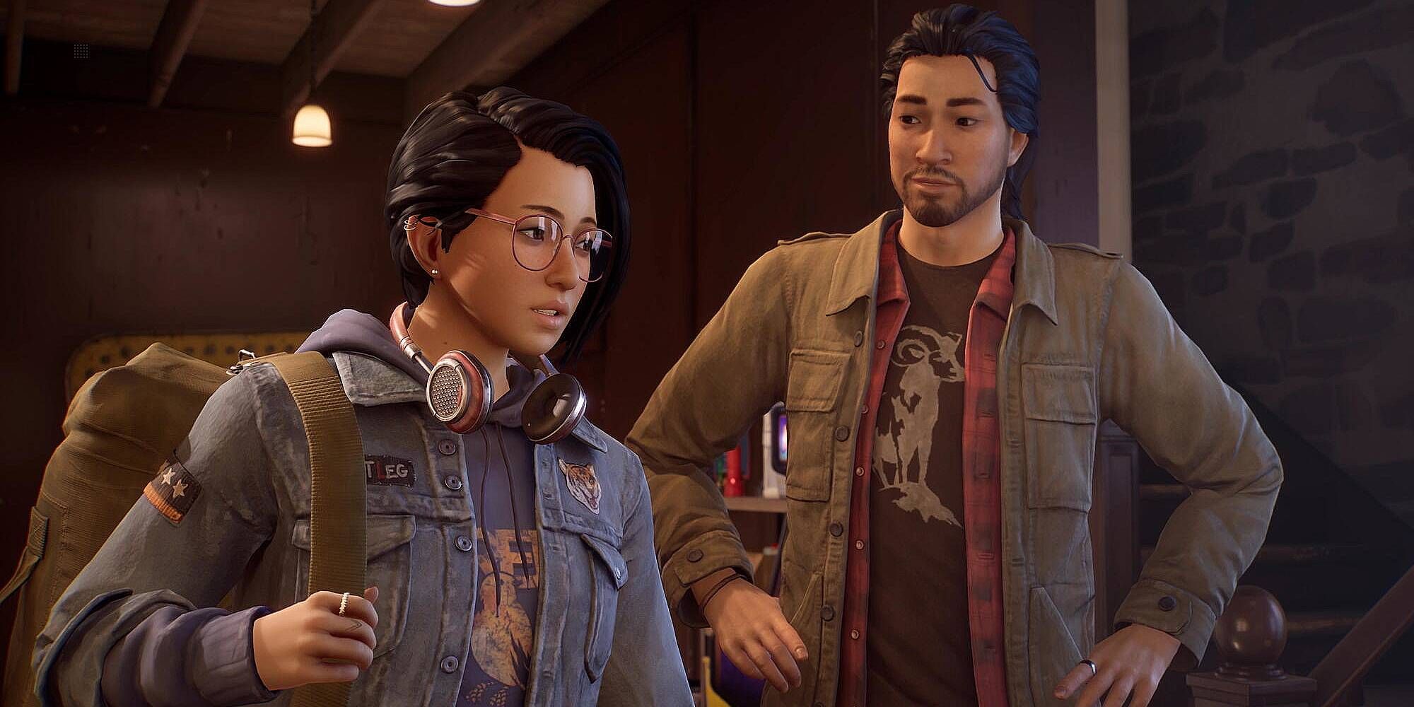 Alex in a denim jacket and glasses is with Gabriel in Life is Strange True Colors.