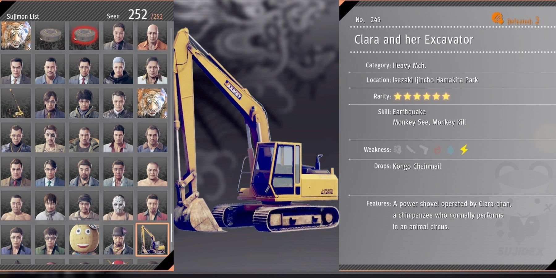 Clara And Her Excavator's Sujidex entry in Yakuza: Like A Dragon.