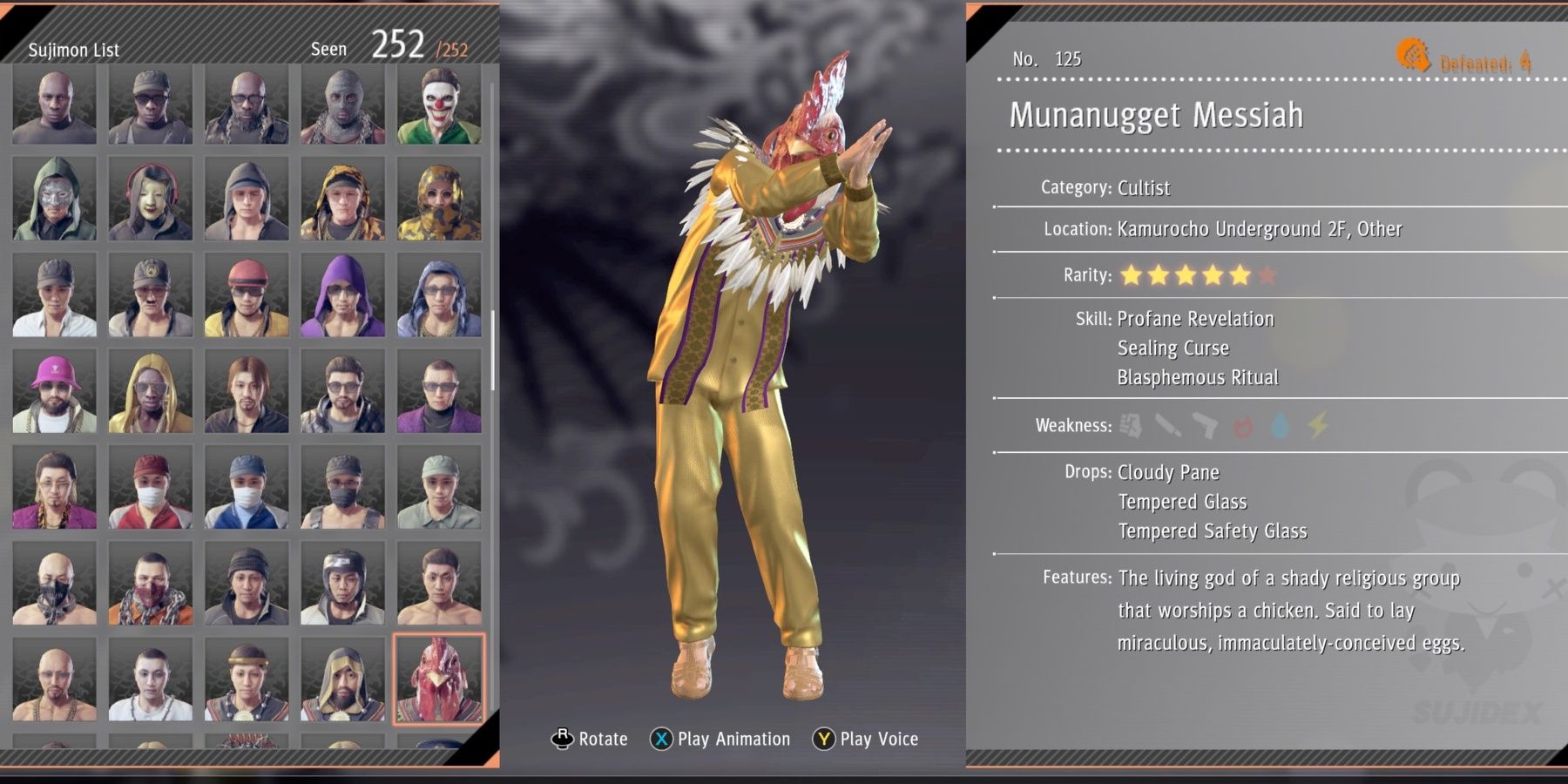 The Munanugget Messiah Sujidex entry in Yakuza: Like A Dragon.