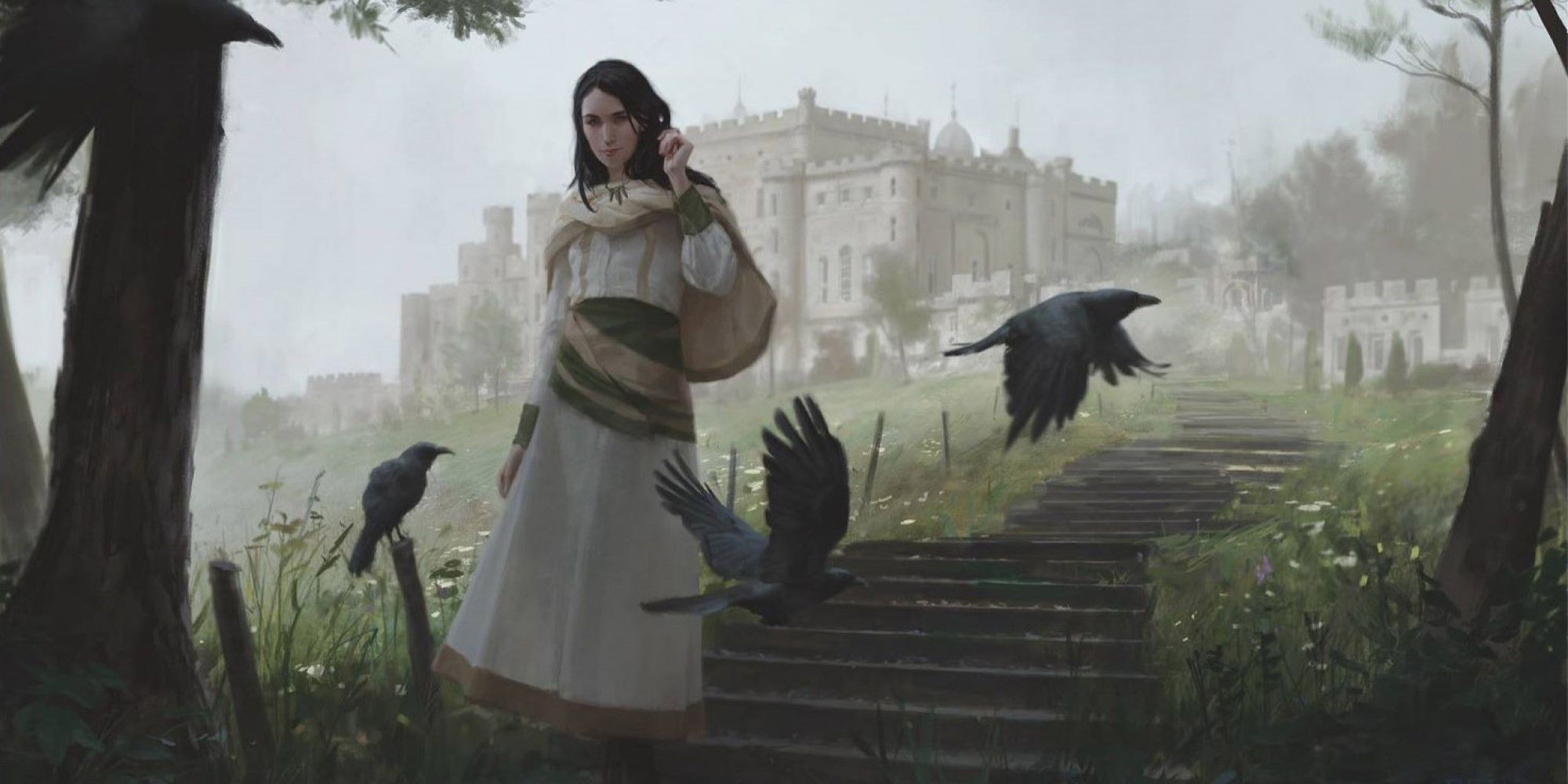 MTG Liliana standing outside the Vess estate, as crows fly past