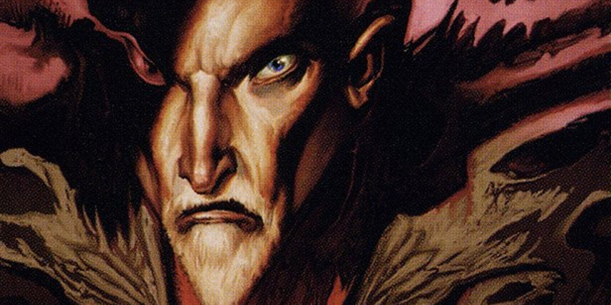 MTG A powerful necromancer, one eye red and covered in shadow.